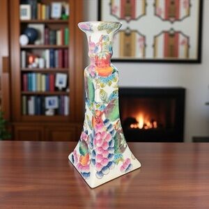 Vintage Hand-Painted Chinese Ceramic Candlestick Holder – Fruit & Floral Pattern